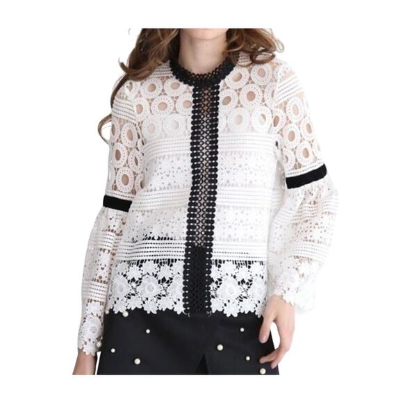 Chicwish Tops - Chicwish White/Black Crochet eyelet Blouse